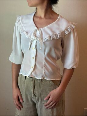 Women's Vintage Peter Pan Collar Cream Lace-Trim Puff Sleeve Blouse